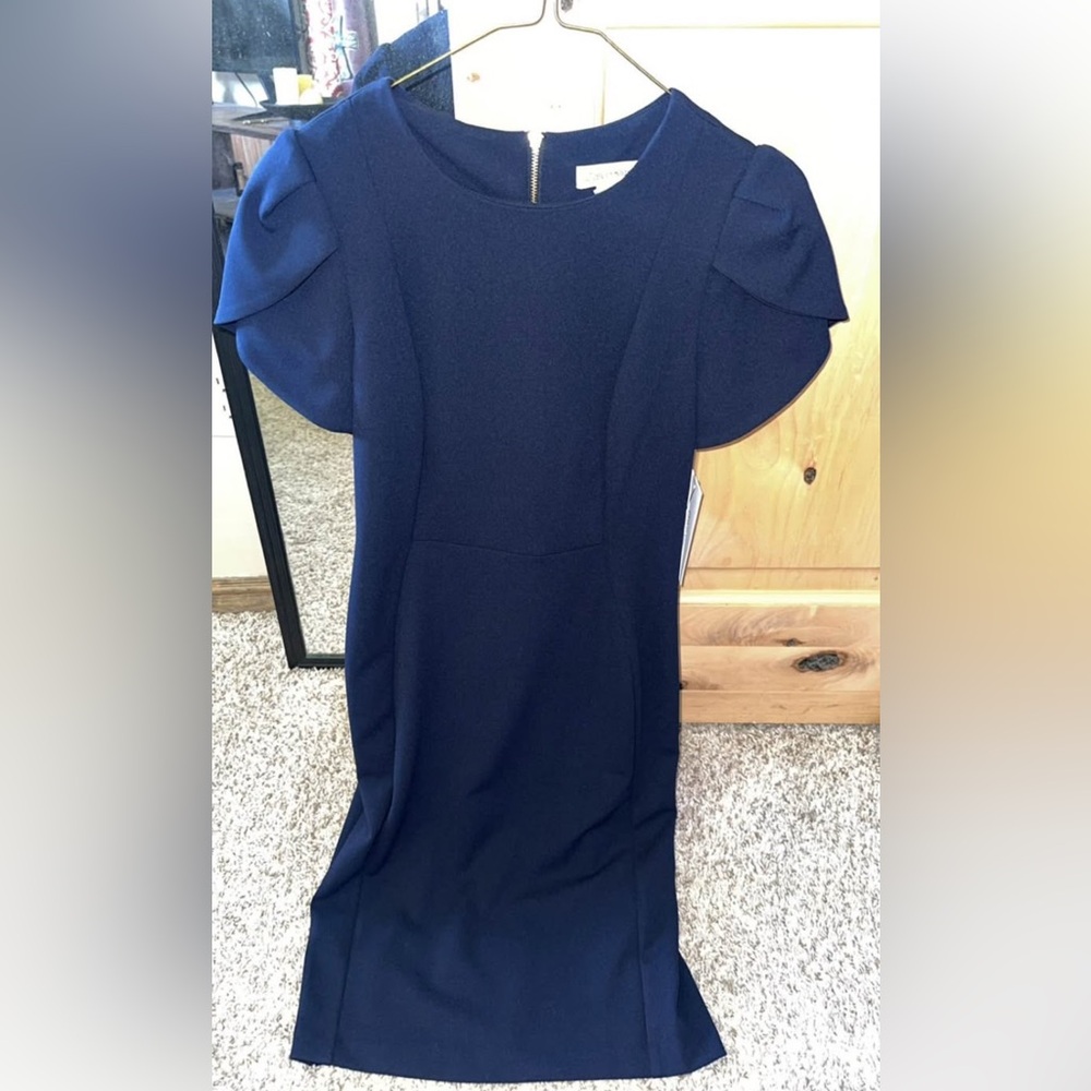Blue Cold Shoulder Flutter Sleeve Sheath Dress - Calvin Klein
